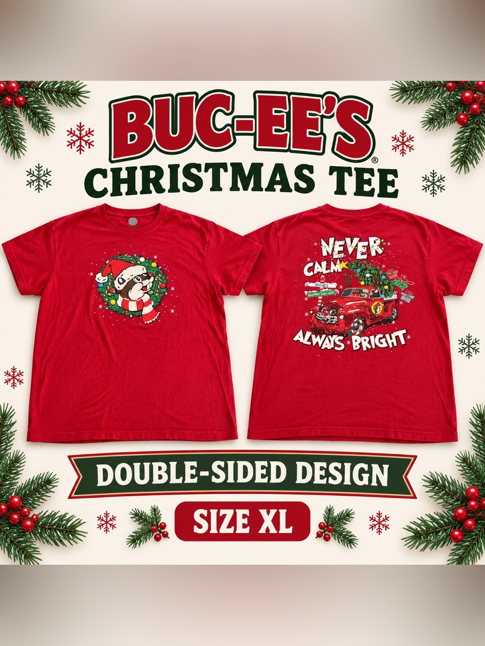 #0336 Buc-ee’s Christmas Graphic T-Shirt Red Double-Sided Size XL